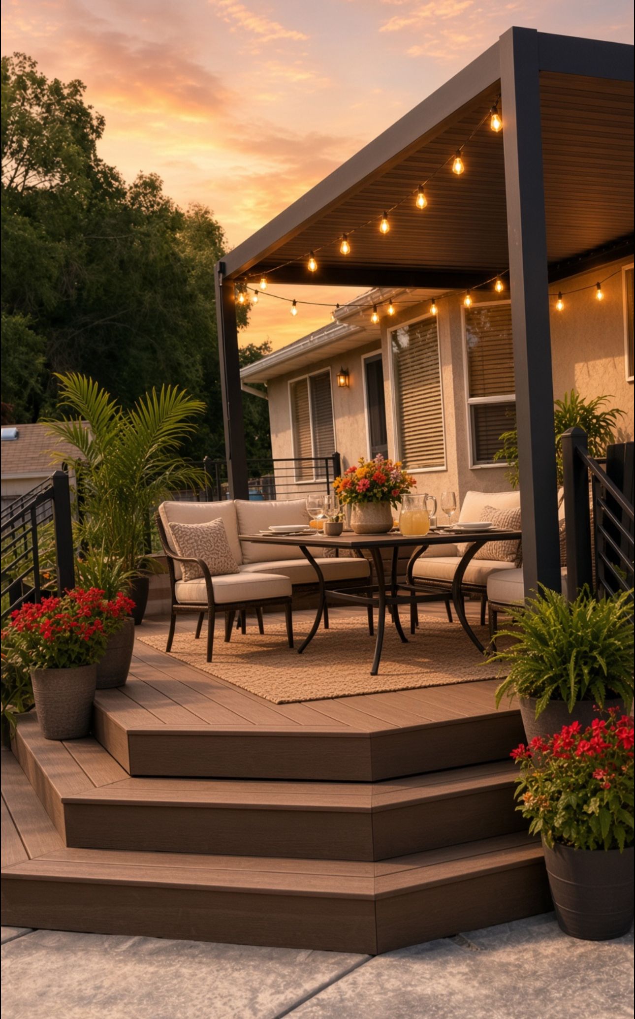 Cozy modern patio with outdoor dining set, potted plants, and warm string lights at sunset