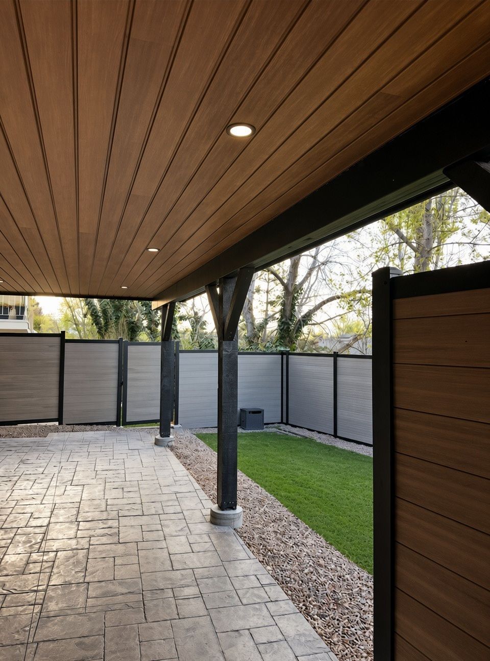 Covered patio with stone pavers, gray privacy fence, and a small gravel and grass yard.