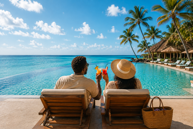 Two people relaxing on lounge chairs by a turquoise infinity pool overlooking the ocean and palm trees