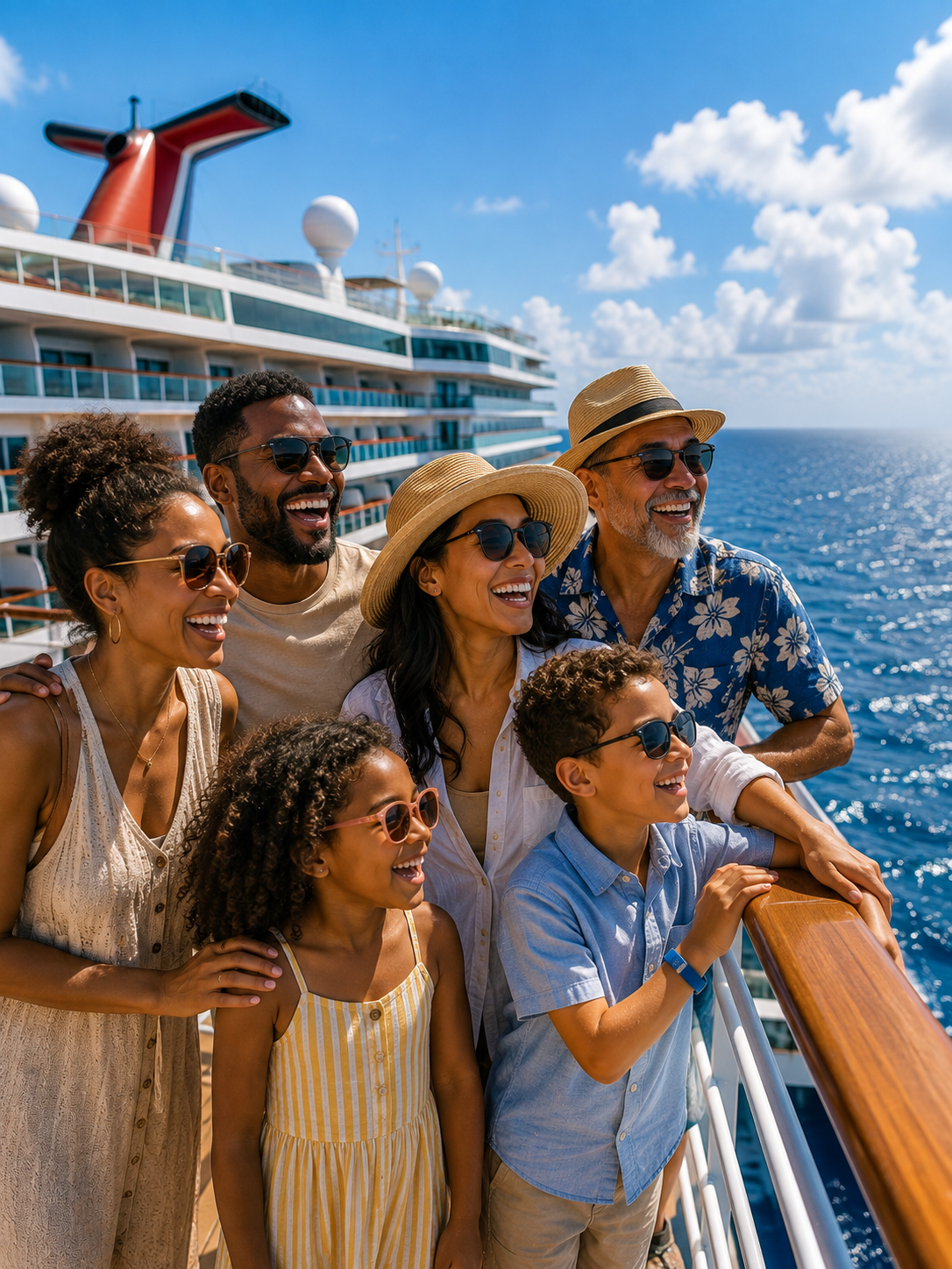 Cruise ship passengers smiling on deck, looking out at the ocean under a bright blue sky