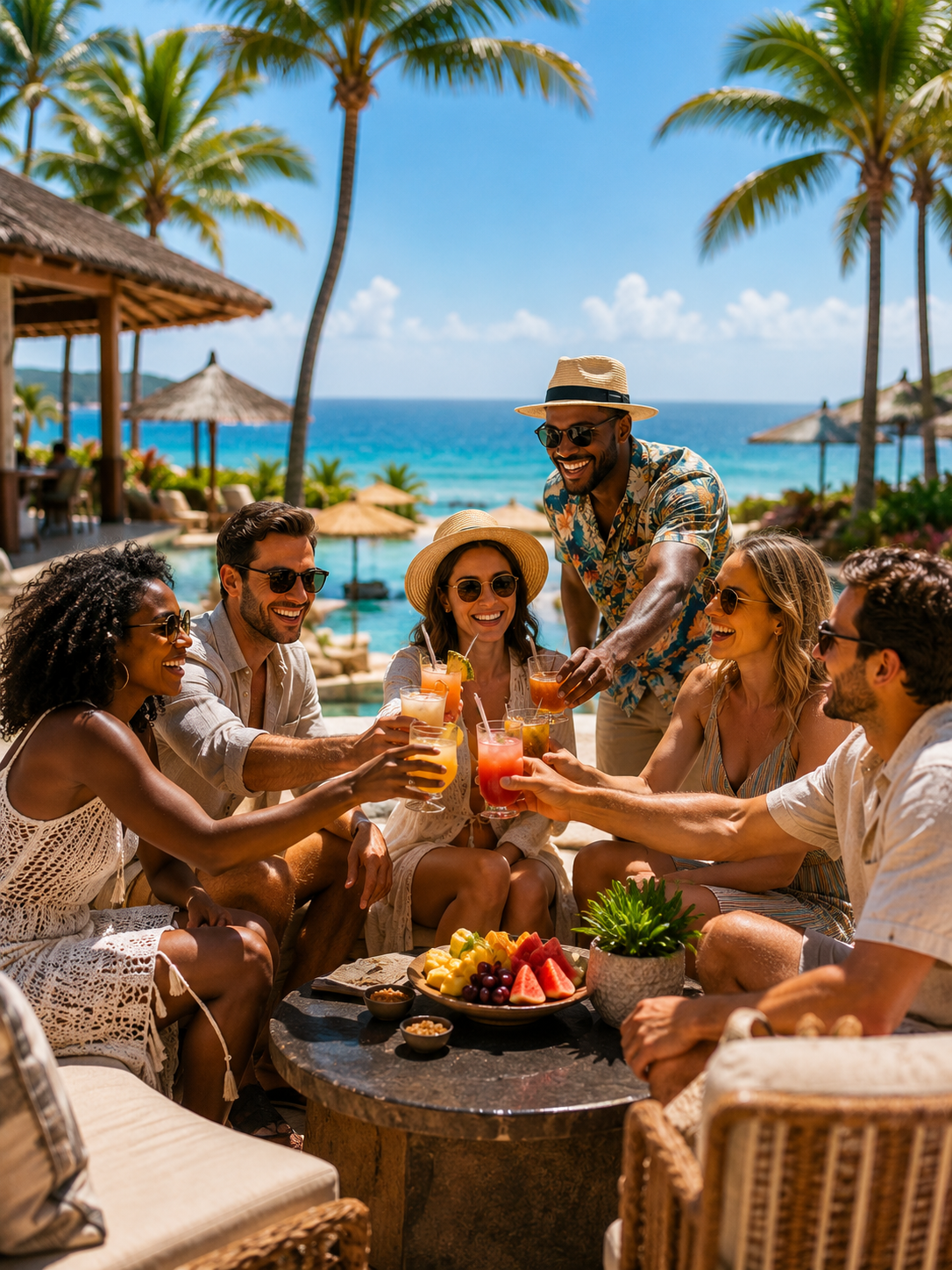 Friends toasting drinks around a fire pit by a palm-lined beach pool at sunset