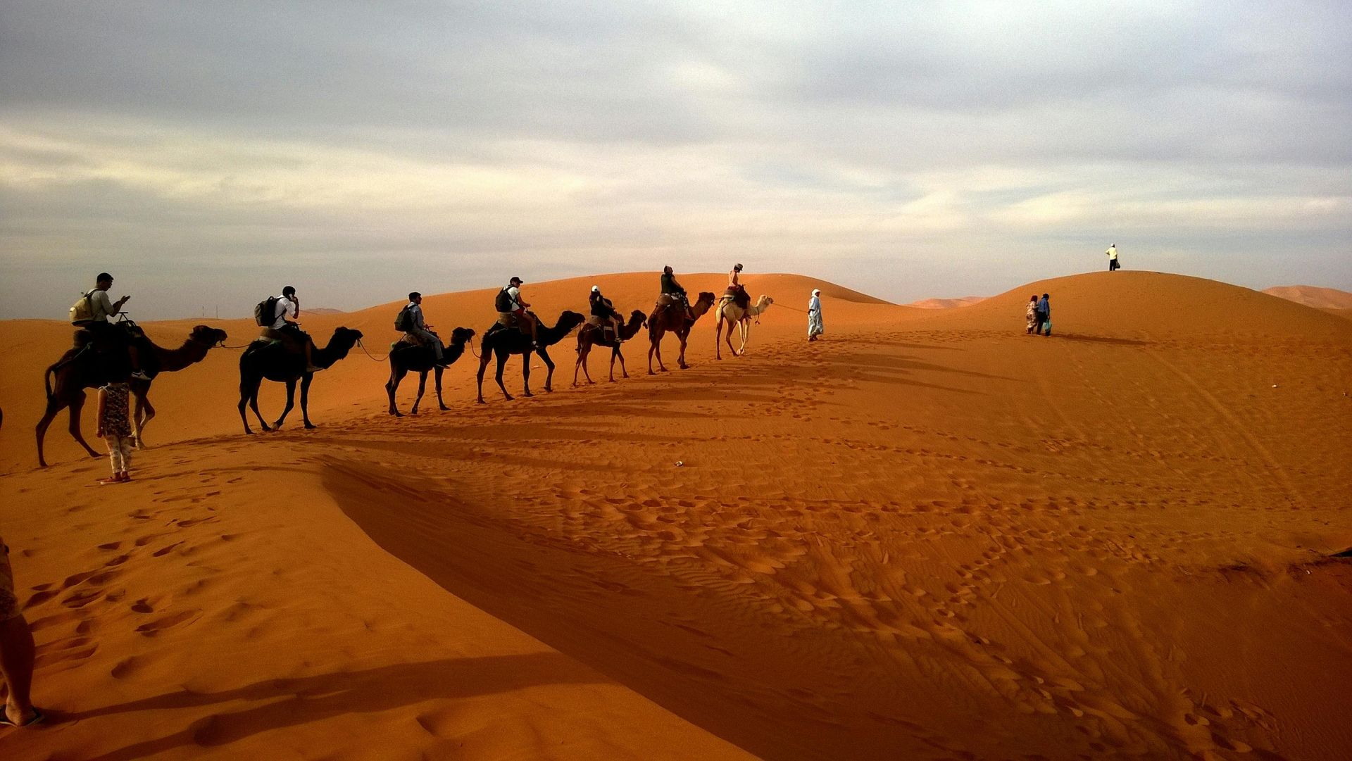 A line of camels and riders crossing orange desert dunes at sunset