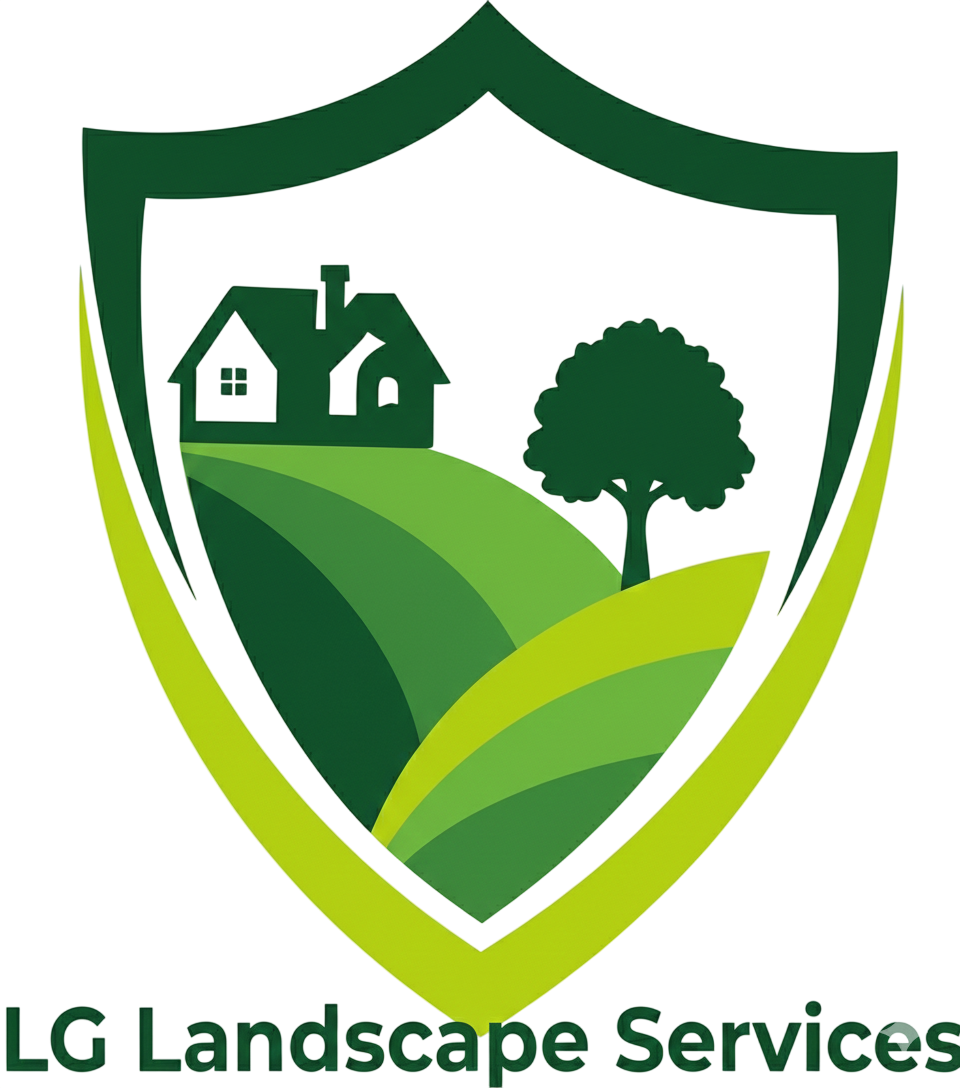 Green shield logo with a house and tree on rolling green hills; "LG Landscape Services" below.