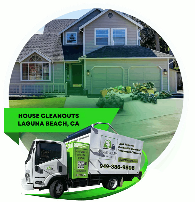A garbage in front of a house, with the planet hauler dump truck, and texts on it.