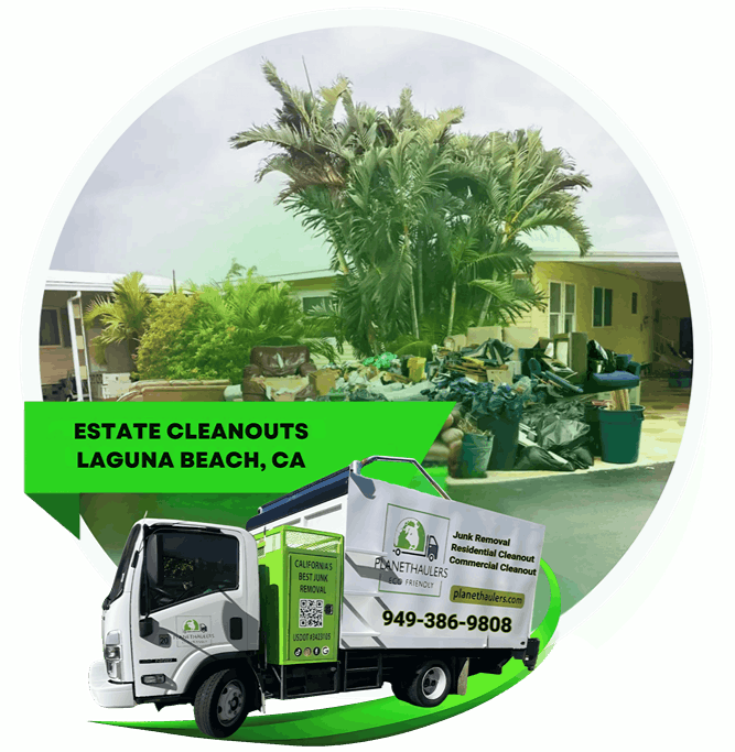 A pile of garbage in front of a house, with the Planet hauler dump truck, and  a text on it.