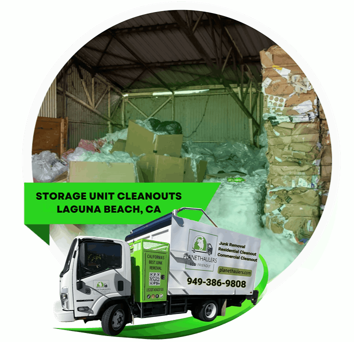 A pile of garbage in front of a house, with the Planet hauler dump truck, and a text on it.