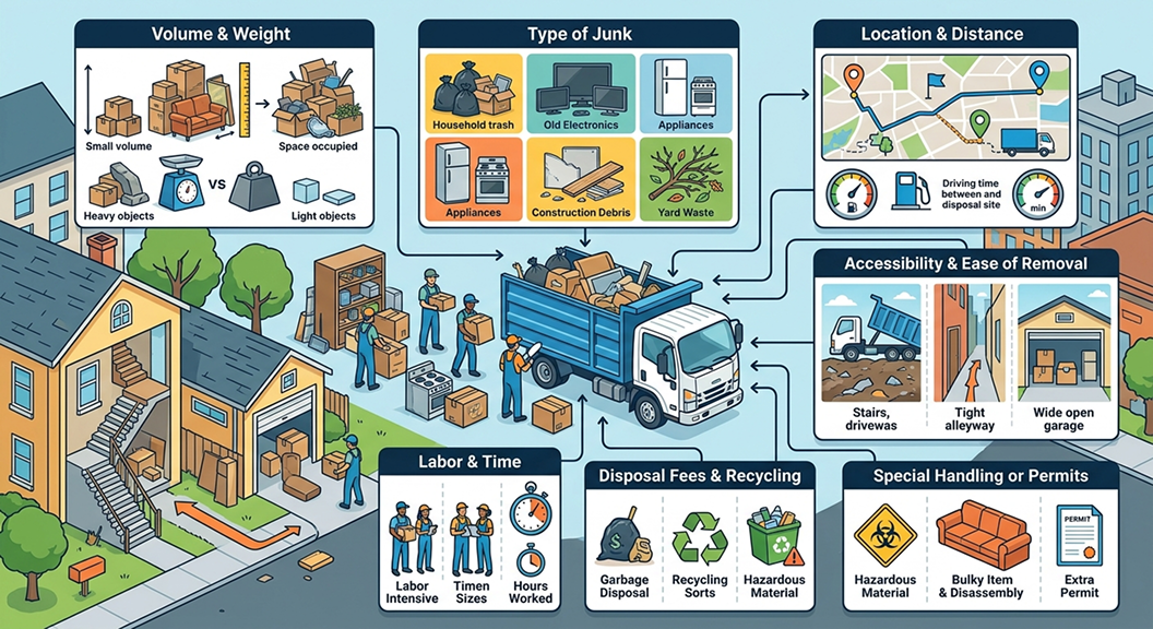 Infographic breakdown of the 7 factors that affect junk removal pricing, including volume, item type