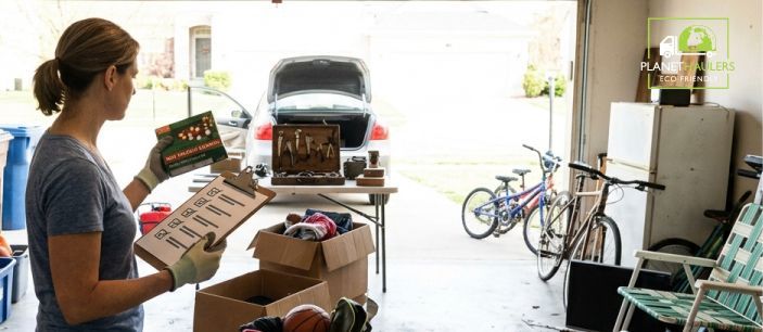 Woman sorting garage items with a checklist.