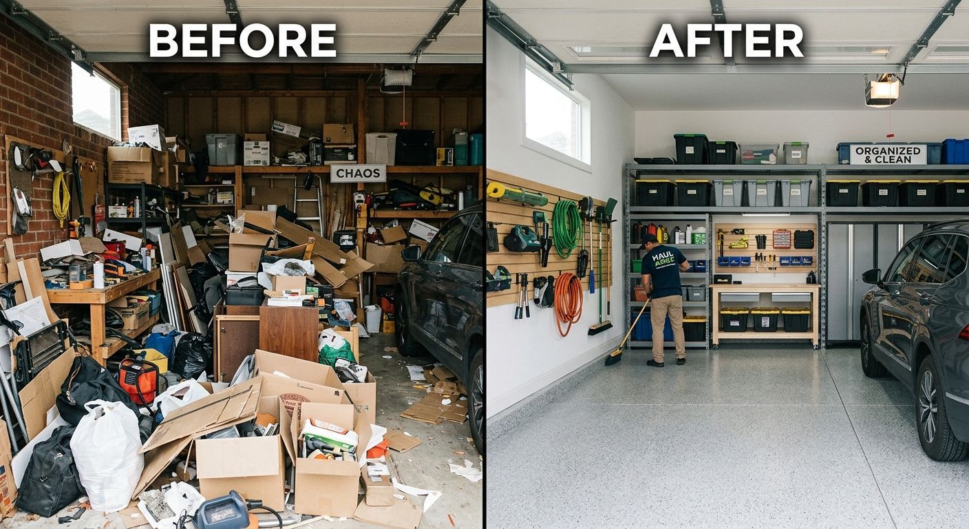 Split screen garage before cluttered with junk after clean organized, professional removal transformation