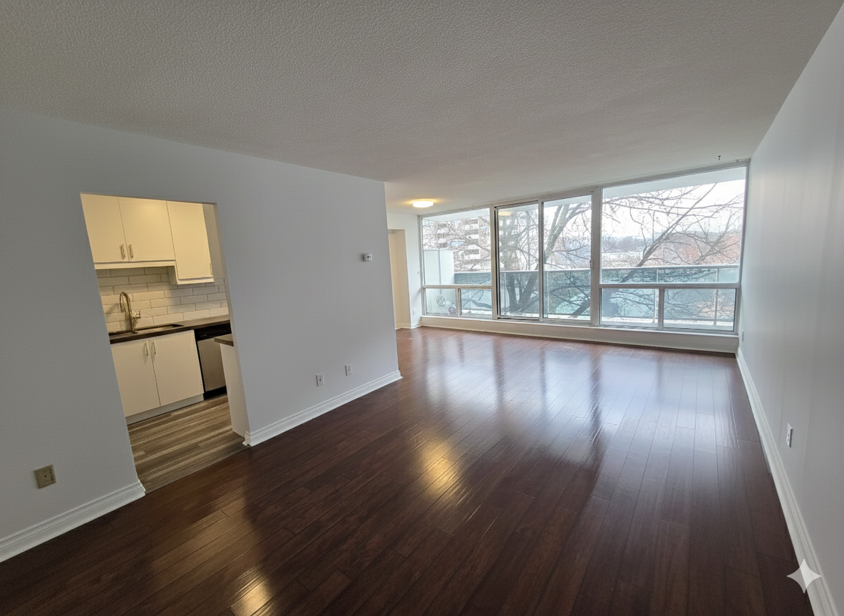 Open concept living and dining area inside unit 314 at 30 Sunrise Ave, by Laura Cooper Realtor
