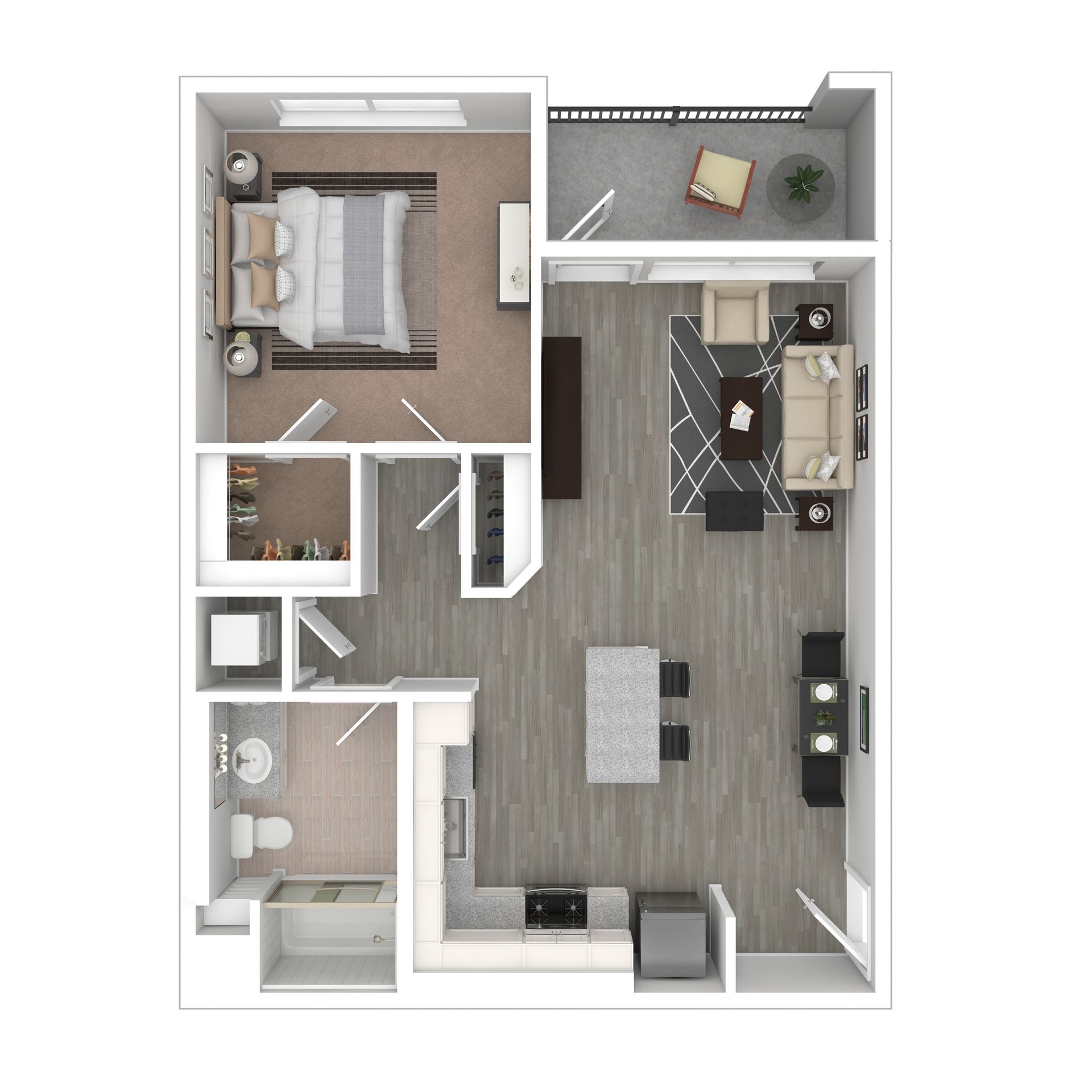 Floor plan of a one-bedroom apartment with a kitchen, living room, bedroom, bathroom, and balcony.