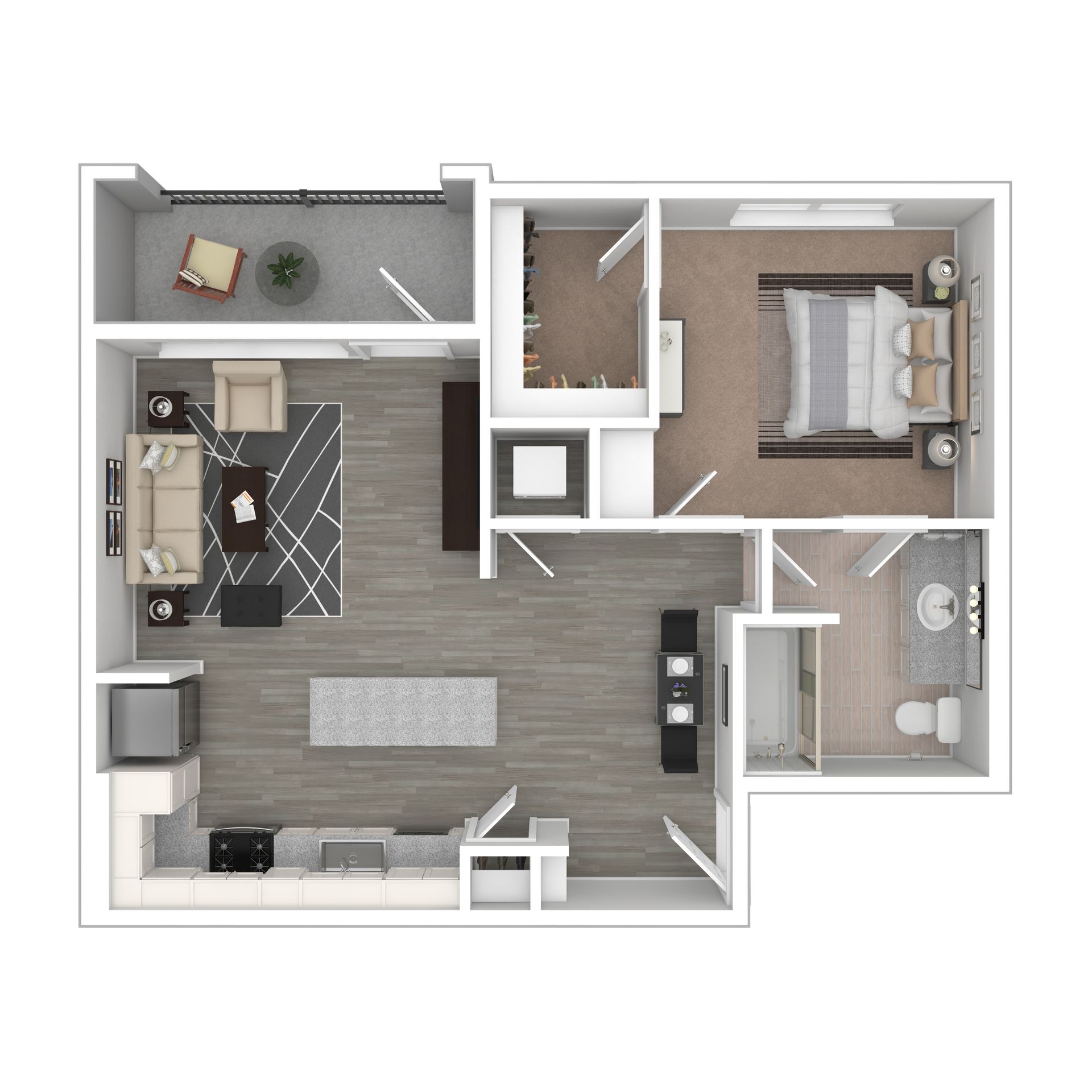 Floor plan of an apartment: bedroom, bathroom, kitchen, living area, and balcony.