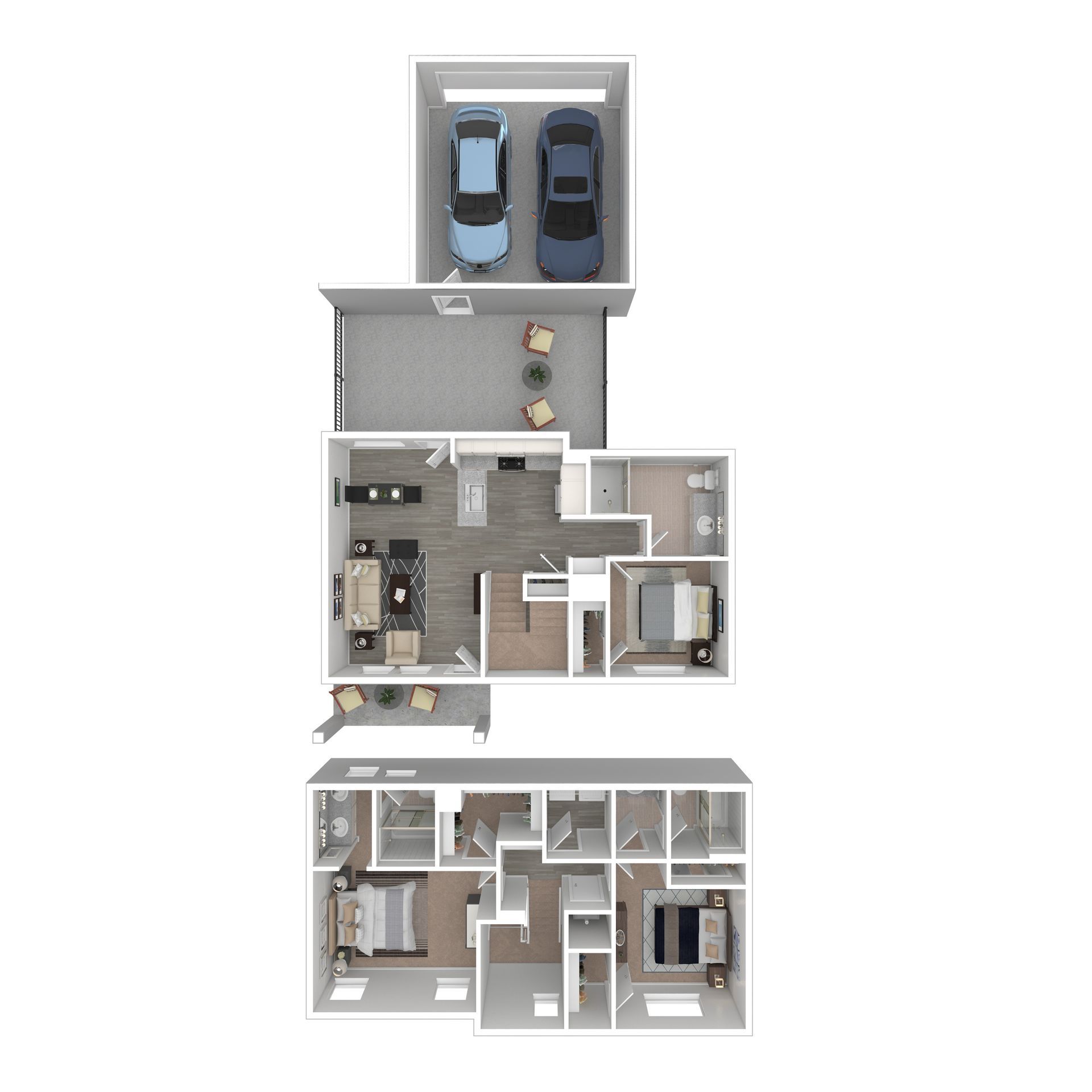 Floor plan of a two-bedroom apartment with living area, kitchen, balcony, and two bathrooms.