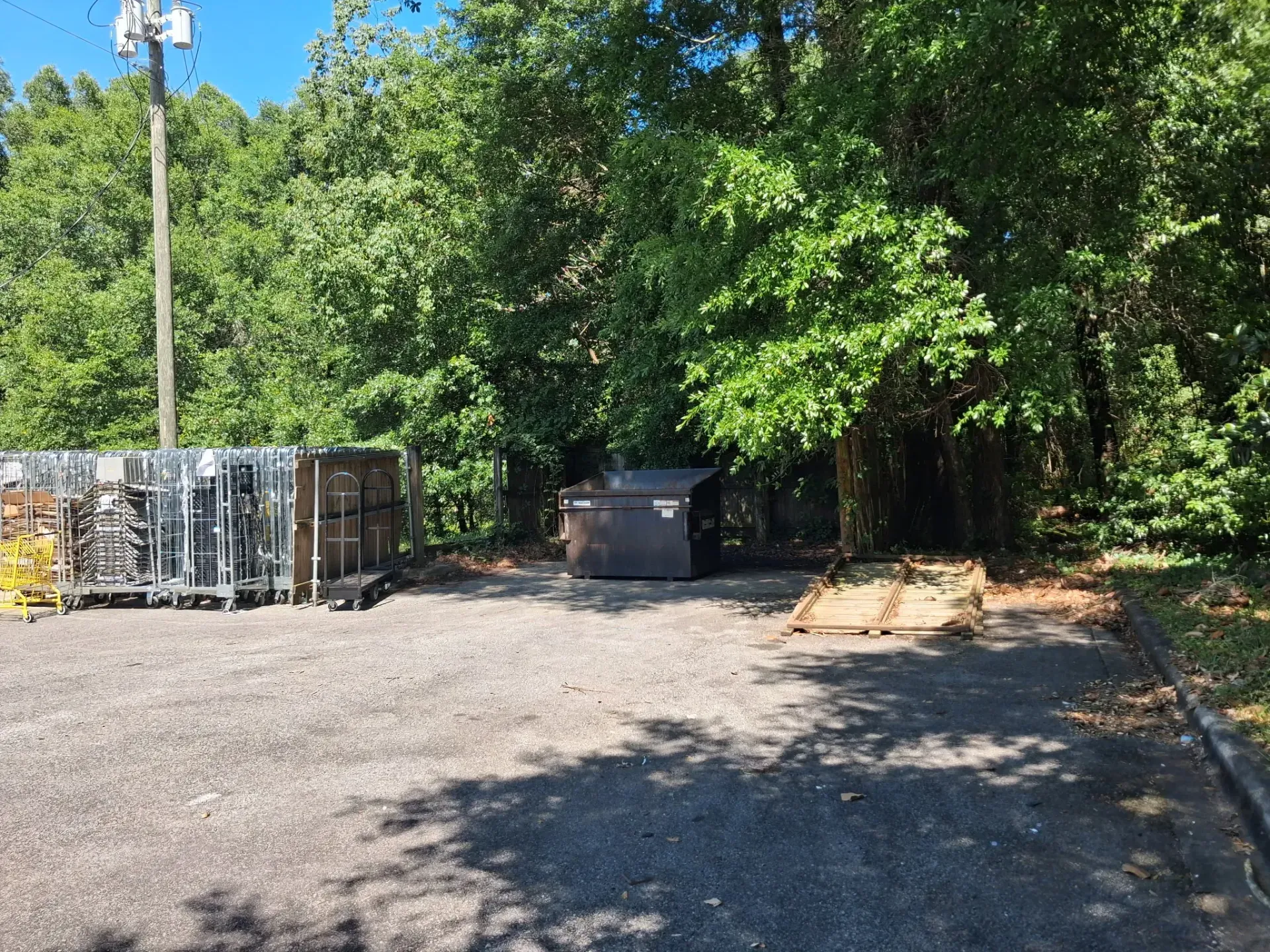 Gravel lot with dumpsters, pallets, and dense green trees along the edge