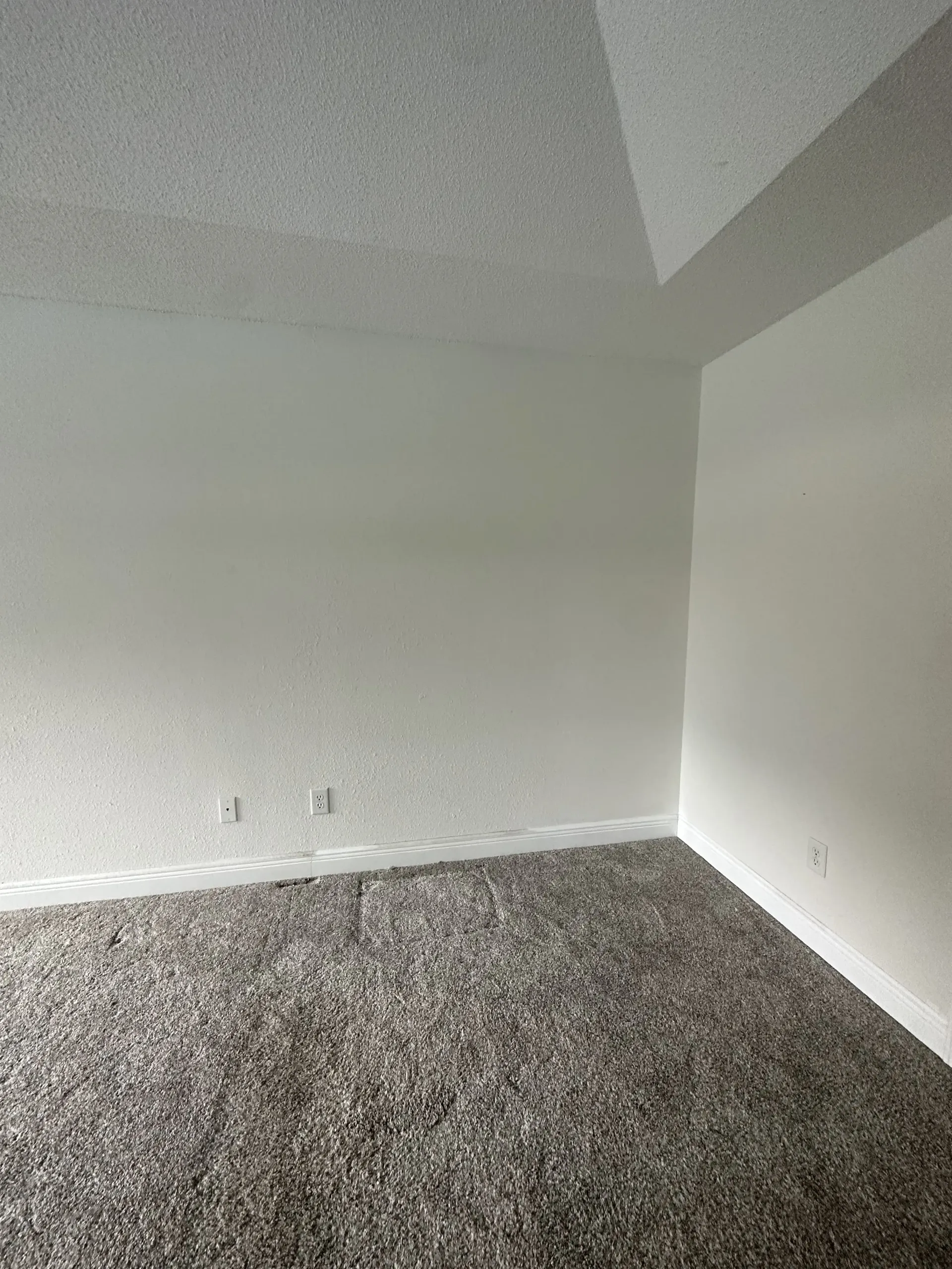 Empty carpeted room with white walls and a sloped ceiling corner