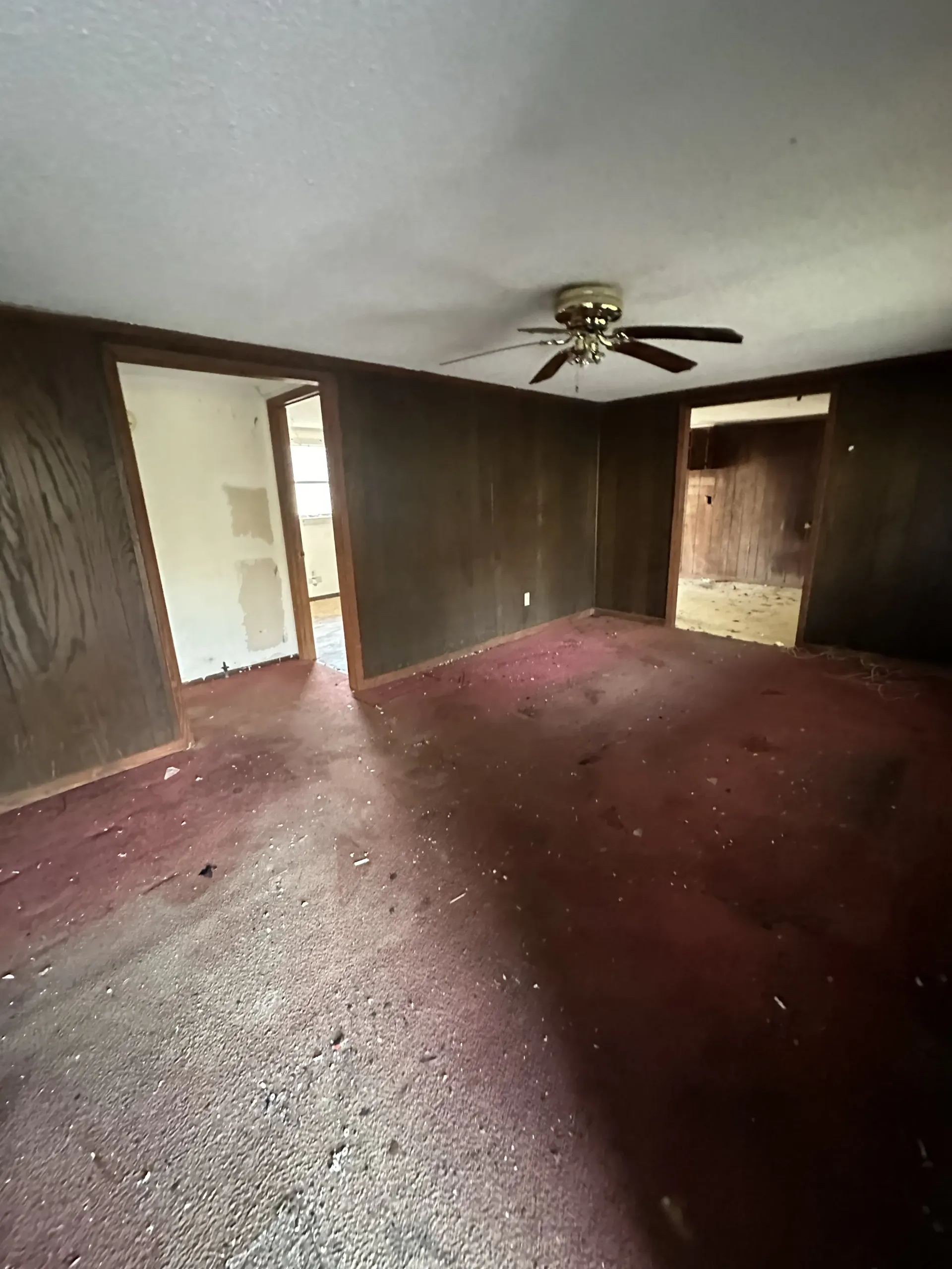 Empty room with brown walls, red carpet, and a ceiling fan near open doorways.