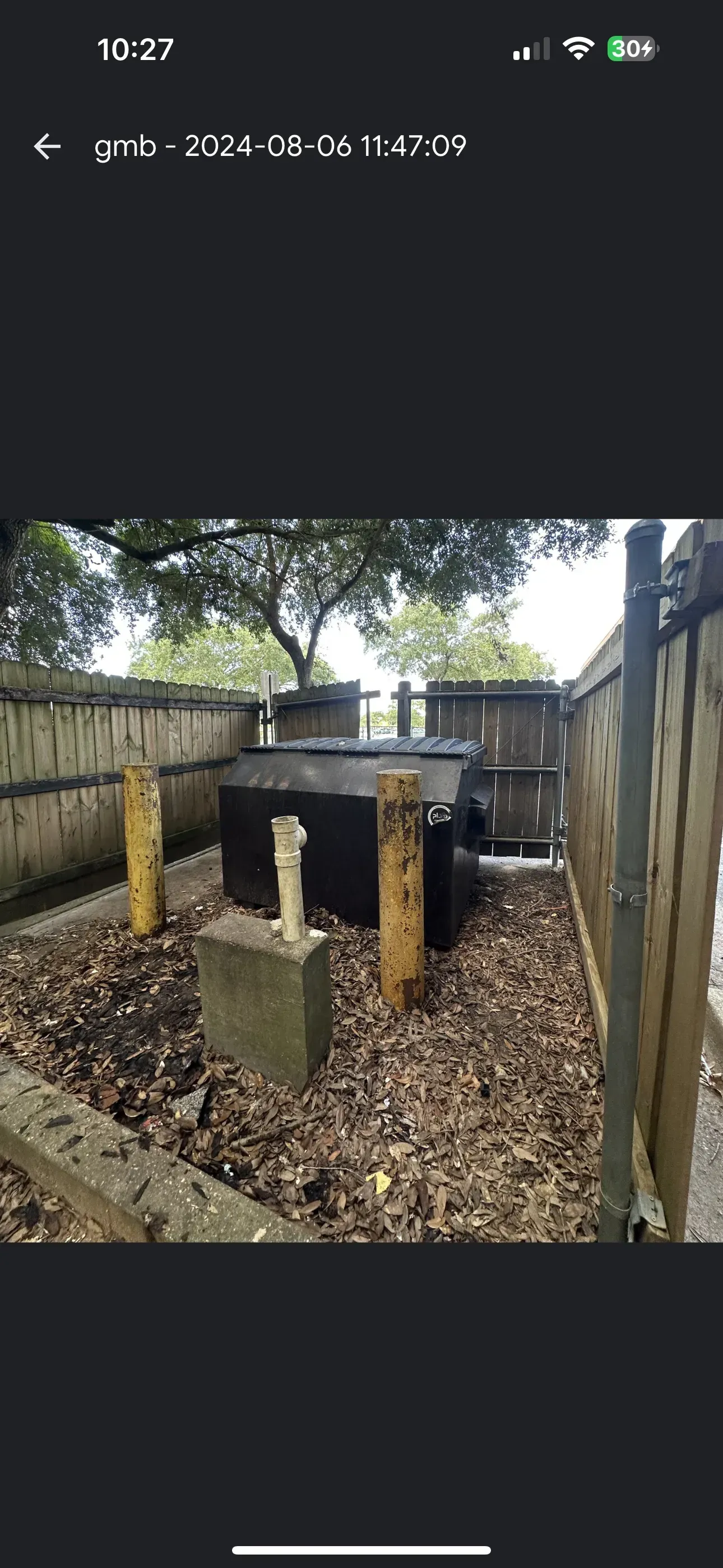 Outdoor concrete grave with white cross markers and a black tomb in a fenced cemetery, covered in leaves