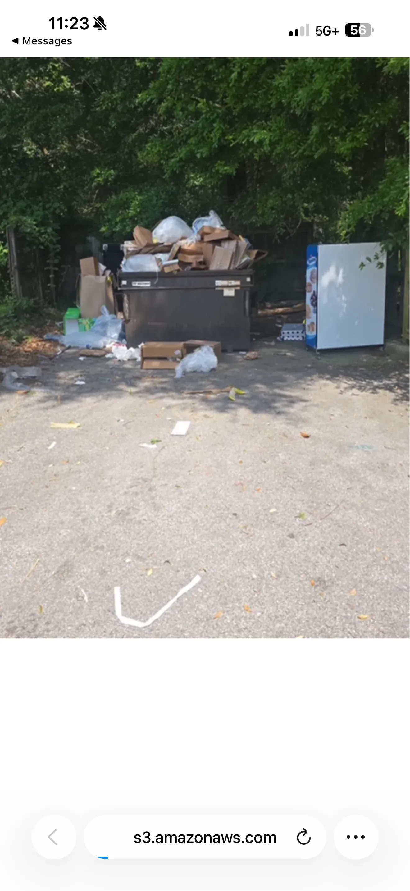 Overflowing dumpster with trash bags and cardboard beside a white refrigerator at a roadside