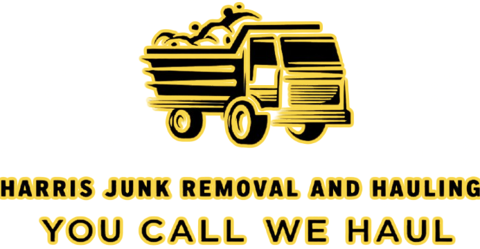 Black-and-gold junk removal and hauling logo with dump truck and text &ldquo;Harris Junk Removal and Hauling You Call We Haul&rdquo;