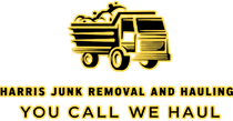 Black-and-gold junk removal and hauling logo with dump truck and text “Harris Junk Removal and Hauling You Call We Haul”