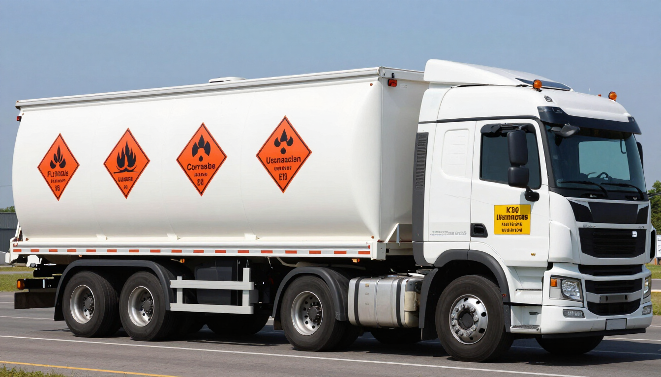 Camión de carga blanco con letreros naranjas de materiales peligrosos en el lateral, circulando por una carretera.