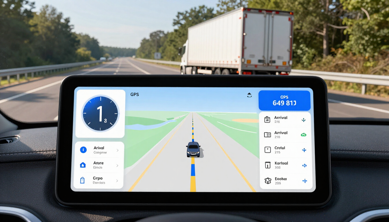La pantalla del salpicadero del coche muestra la navegación GPS con un camión delante en la autopista.