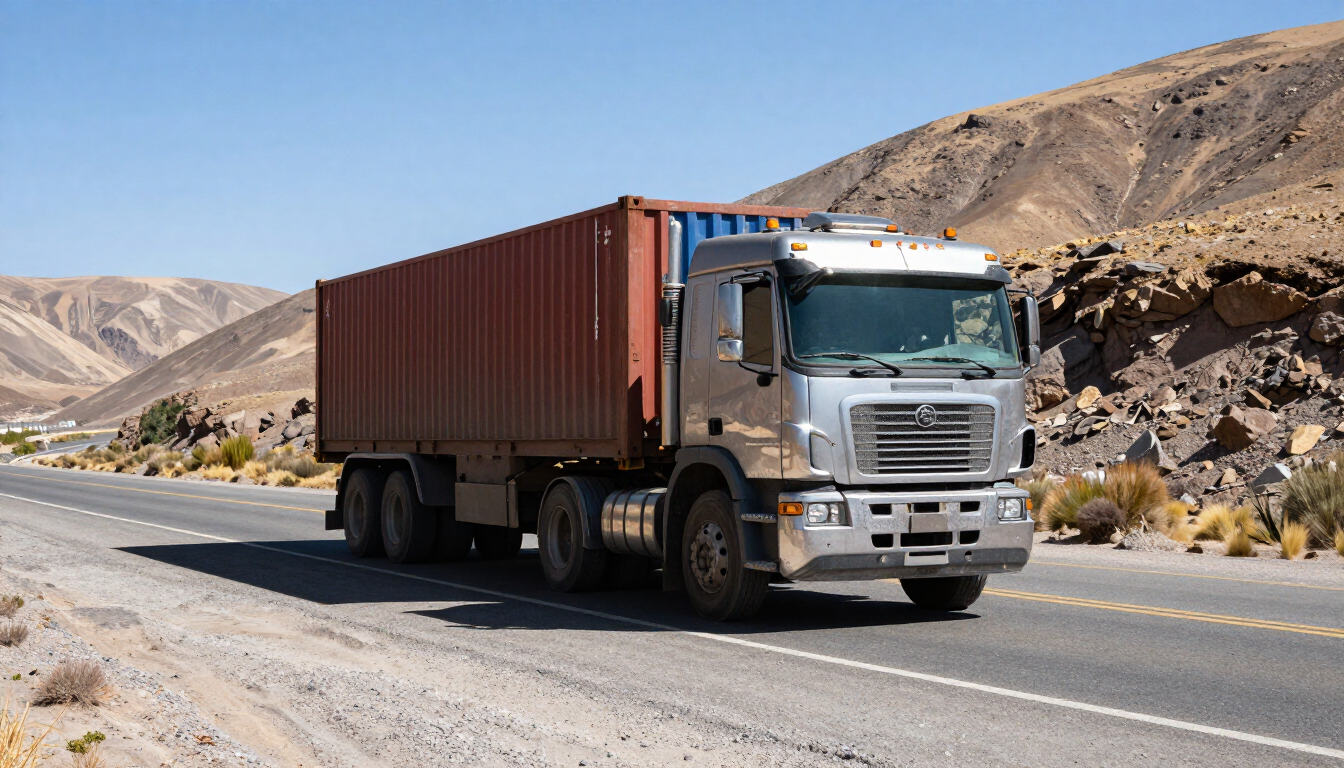 Un camión semirremolque blanco transportando un contenedor rojo en una carretera desierta.
