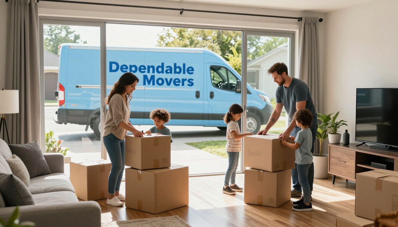 Una familia desempaqueta cajas en una luminosa sala de estar mientras un camión de Dependable Movers está estacionado afuera.