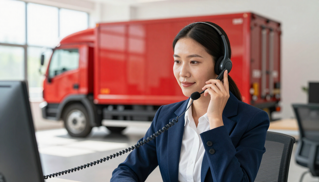 Un agente de atención al cliente lleva auriculares en una oficina, con un camión rojo visible al fondo.