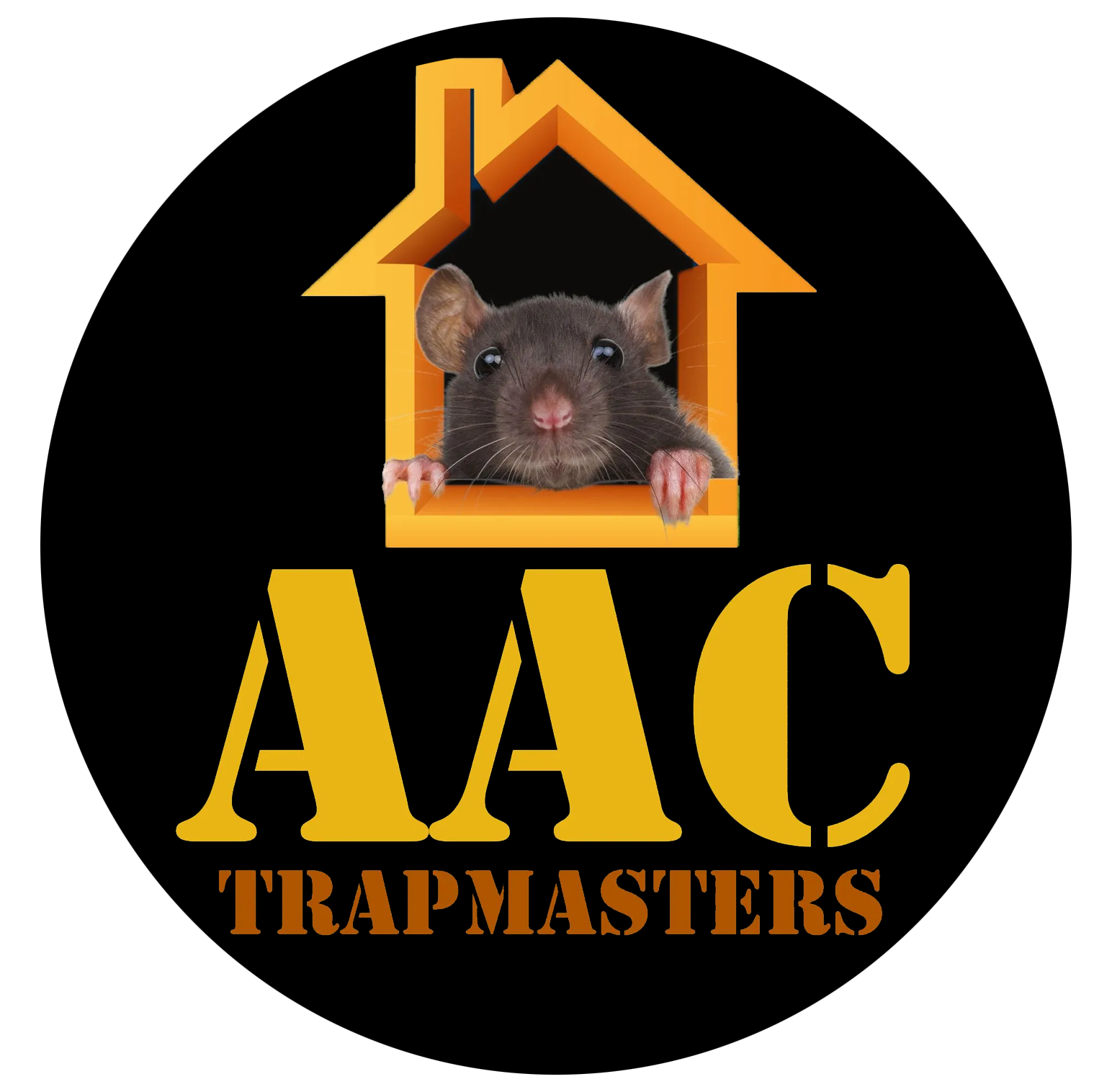Aac trapmasters logo with a rat peeking out of a window