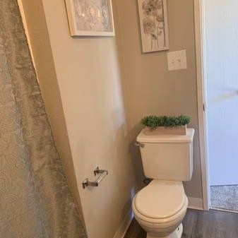 Small bathroom with a toilet, beige walls, shower curtain, and framed wall art.