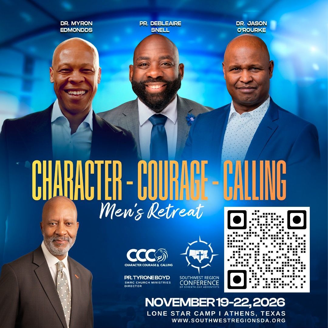 Men's retreat flyer with three speakers, event details, and QR code on a blue background.