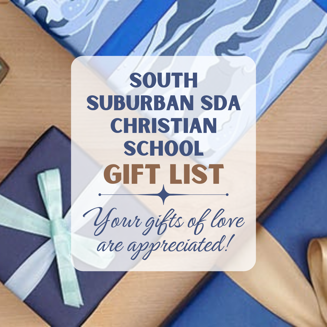 South Suburban SDA Christian School gift list flyer with wrapped presents and blue gift boxes