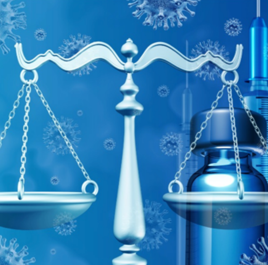 Blue justice-themed scales balanced against a gavel with virus icons in the background