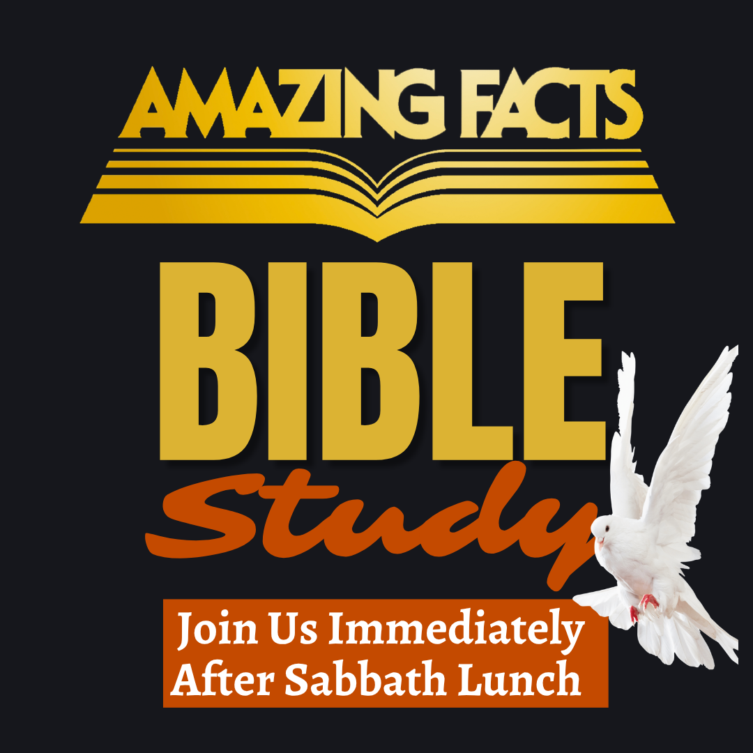 Amazing Facts Bible Study poster with open book, gold and orange text, and white dove; join after Sabbath lunch
