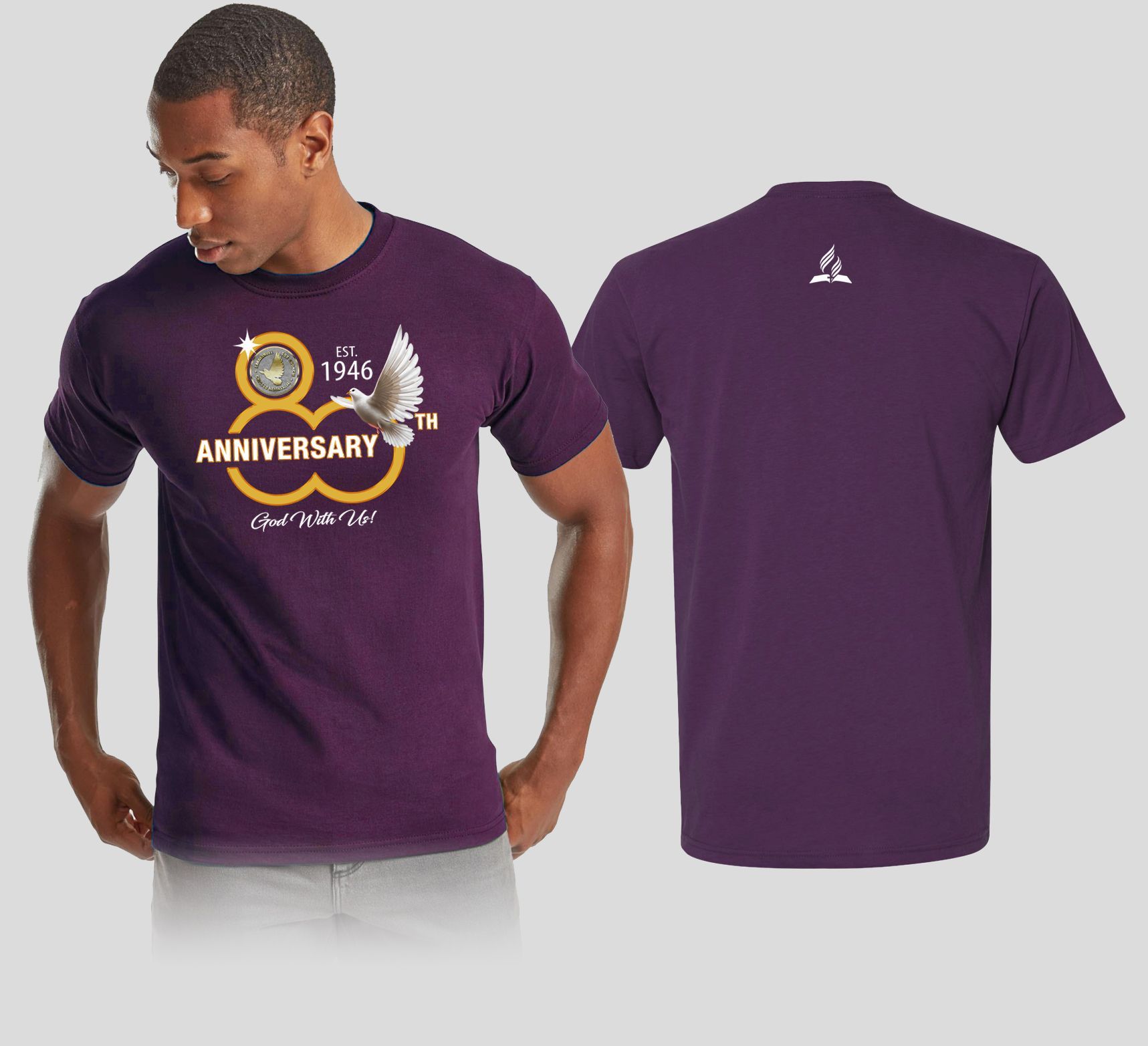 Green ministry T-shirts shown front and back with white text: “Emmanuel Ministries” and “Pentecost Share Him!”