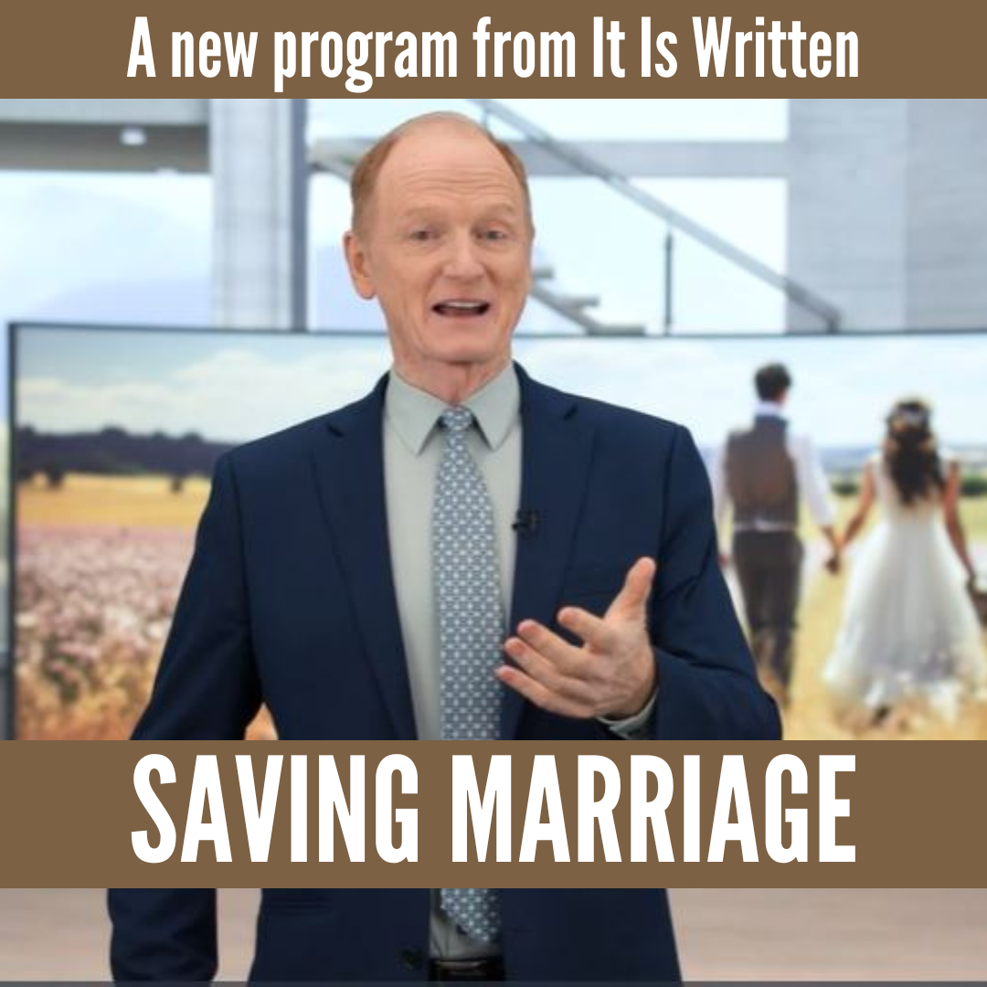 Man in blue suit speaking at pulpit with text “Saving Marriage” and “A new program from It Is Written”