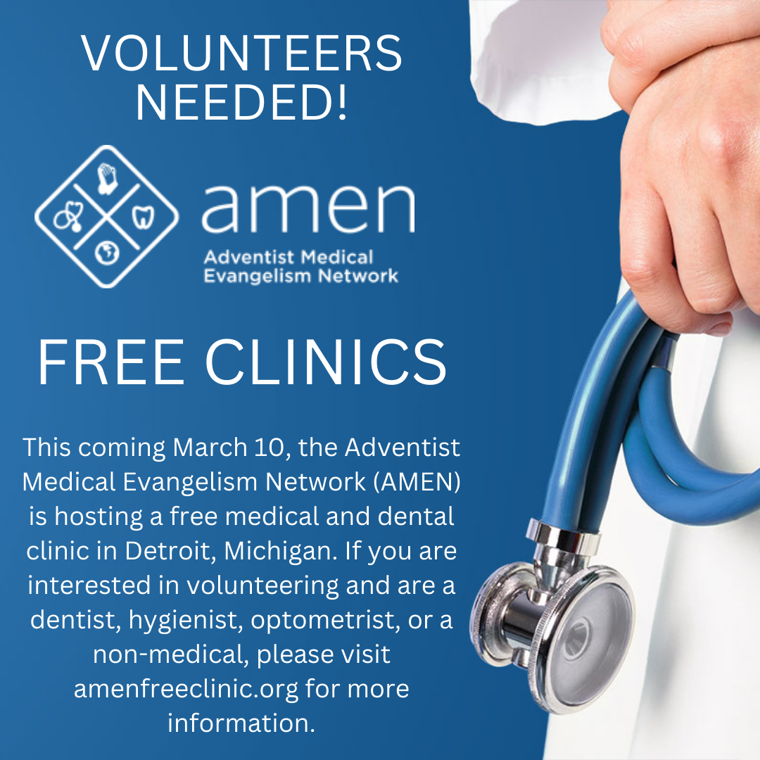 Blue volunteer flyer for Advent Medical free clinics with stethoscope and hands, seeking medical volunteers