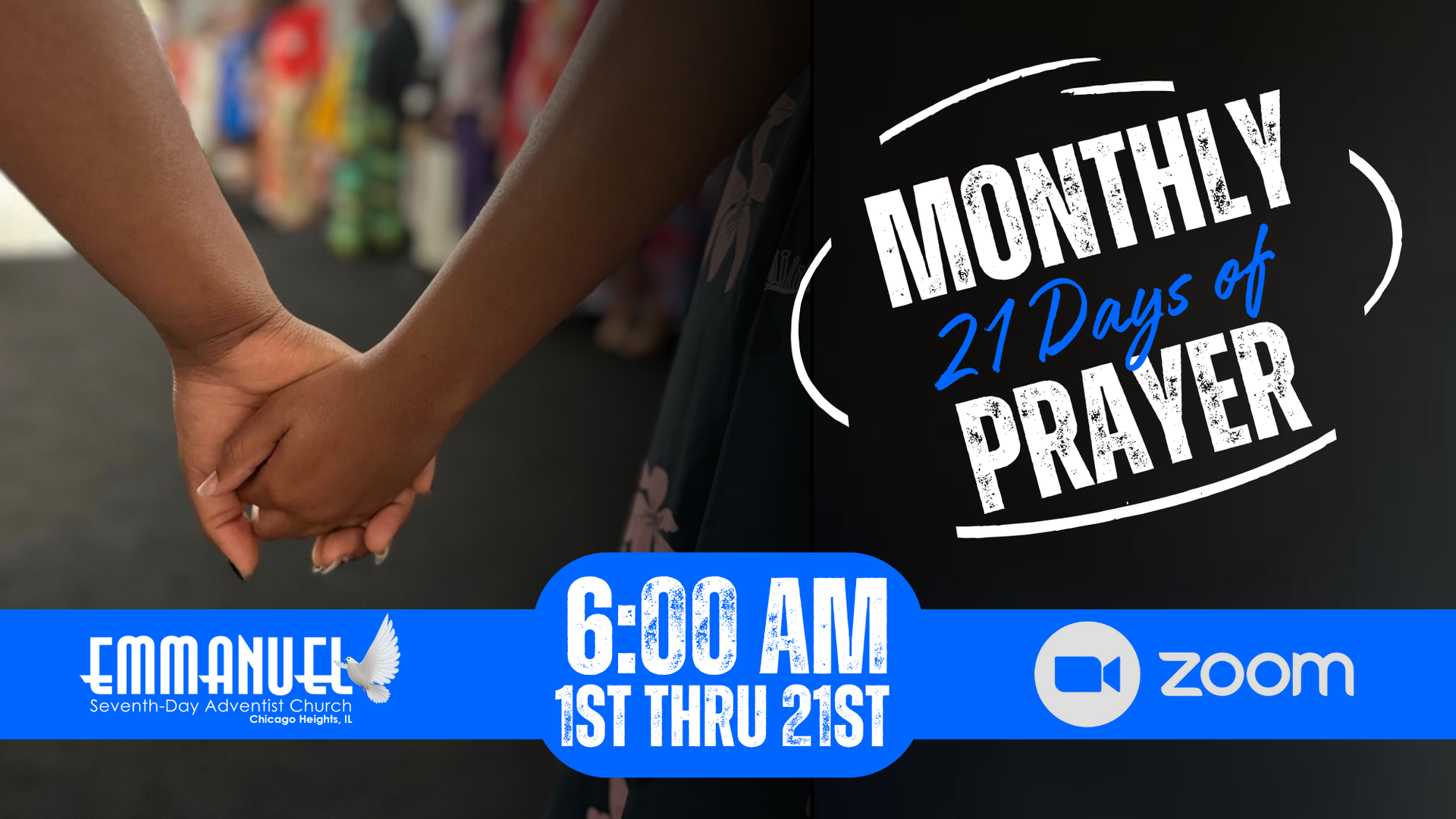 Hands clasped in prayer with text promoting a monthly 21-day prayer event, 6:00 AM on Zoom.