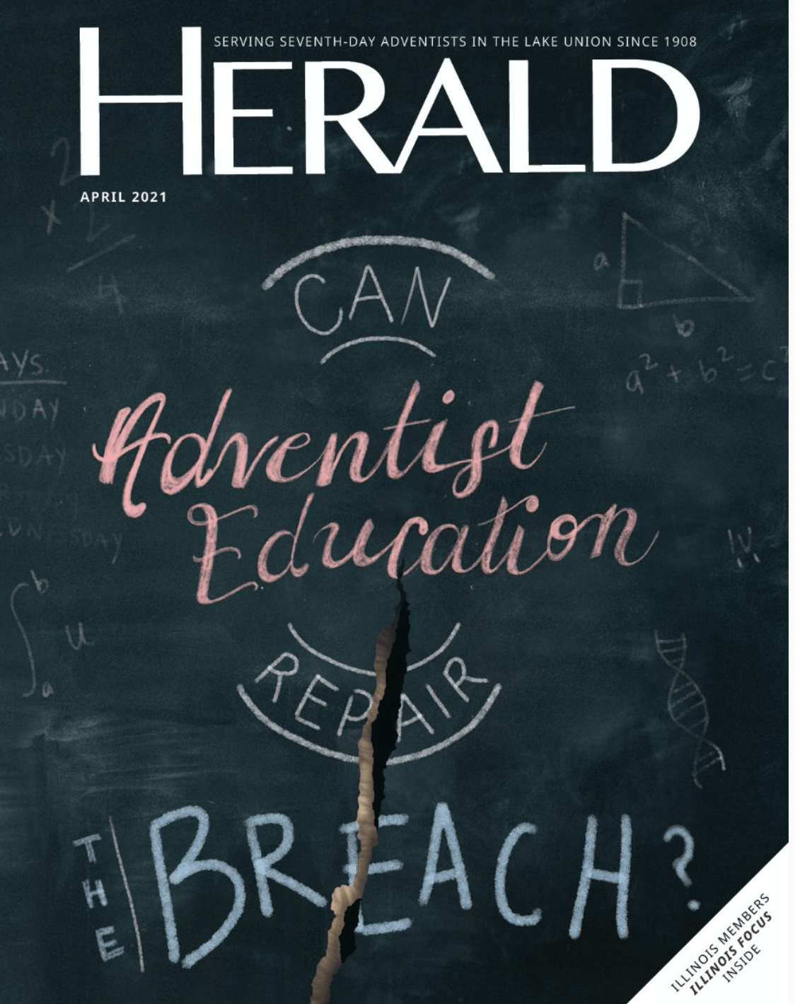Herald magazine cover with chalkboard text “Adventist Education” and “Breach?”