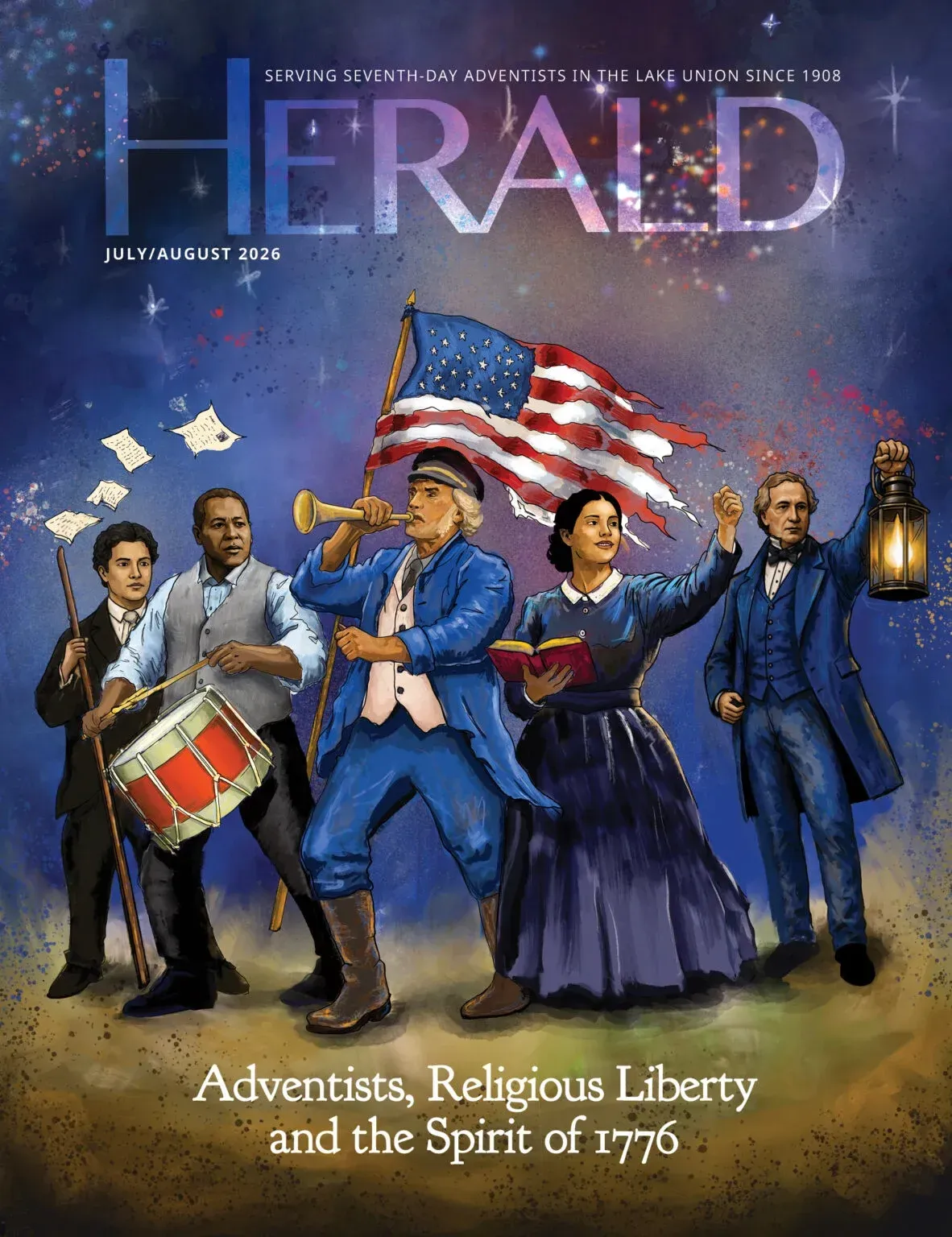 Magazine cover titled “HERALD” with illustrated figures holding an American flag, lantern, and drum; subtitle on Adventists and religious liberty.