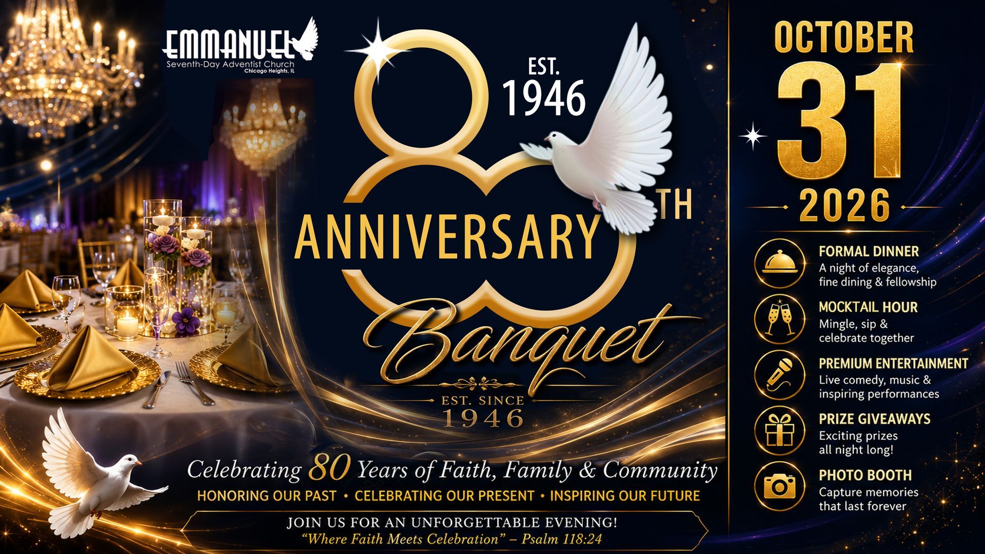 Gold-and-black anniversary banquet poster with a banquet hall, “October 31, 2026” and “1st anniversary” text