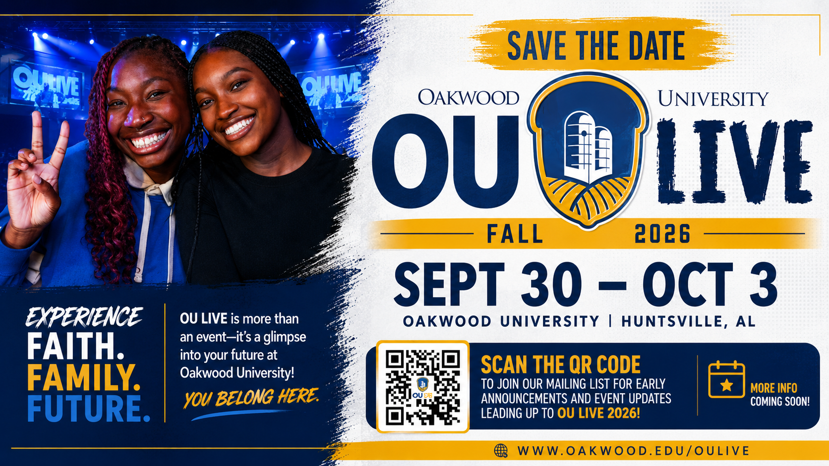 Oakwood University “OU Live” fall 2026 event flyer, Sept. 30–Oct. 3, with two smiling students and QR code