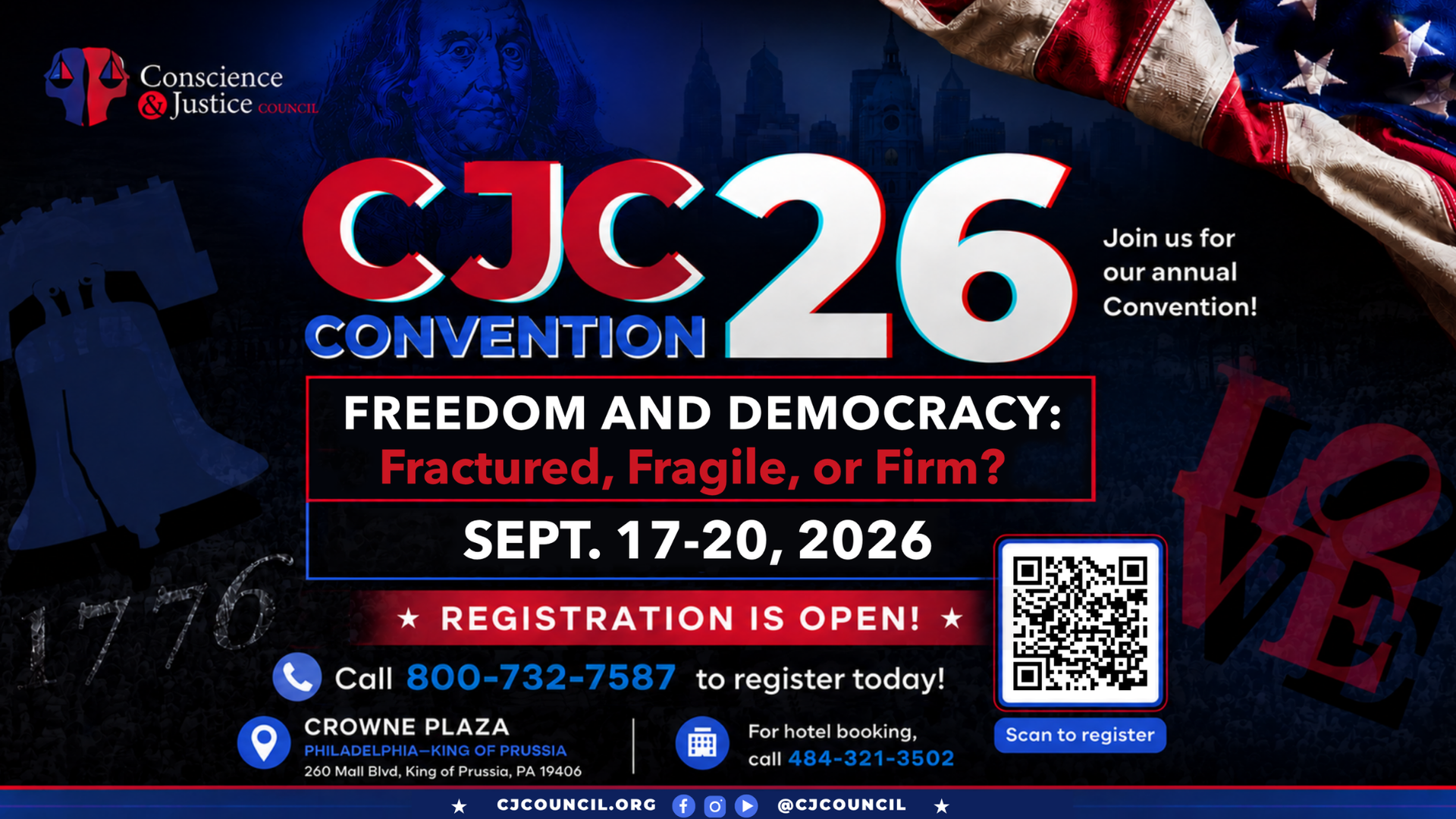 CJC26 convention banner: “Freedom and Democracy: Fractured, Fragile, or Firm?” Sept. 17-20, 2026, with registration QR code