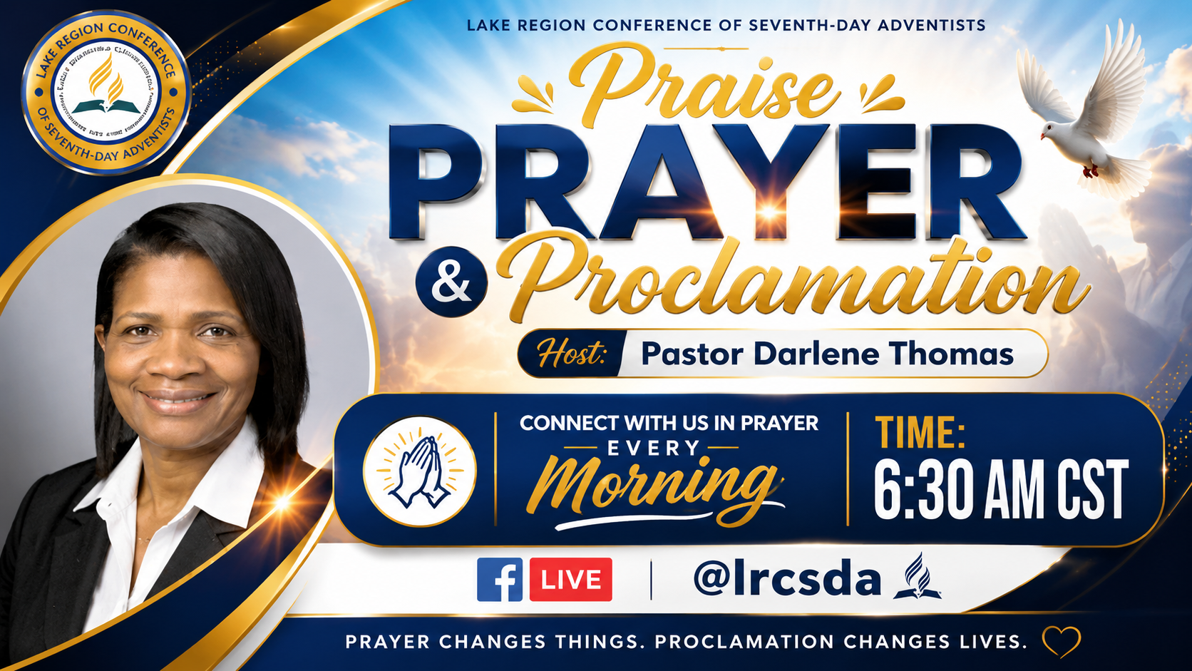 Pastor Darlene Thomas promo for “Praise & Prayer Breakfast” with live morning time and church logo