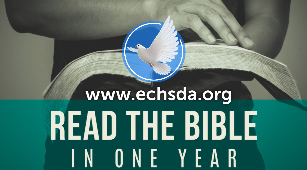 Bible-reading banner with open book and dove logo, text: “READ THE BIBLE IN ONE YEAR” and “www.echsda.org”