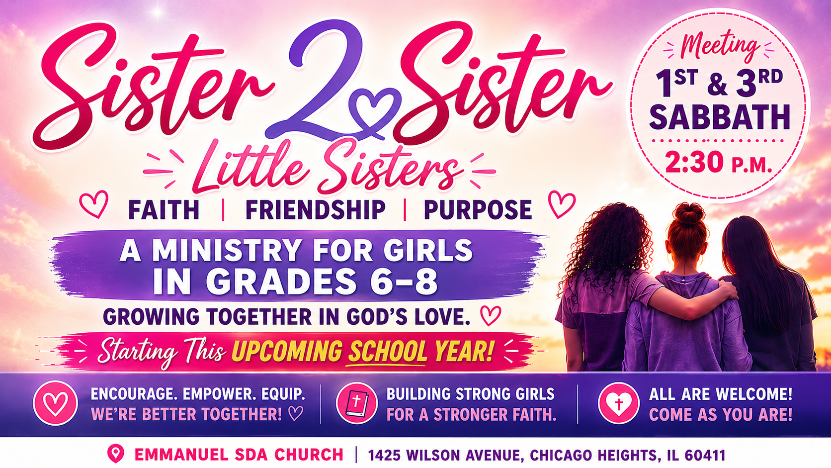 Sister 2 Sister “Little Sisters” ministry flyer with pink/purple text for girls in grades 6–8 and Sabbath time details