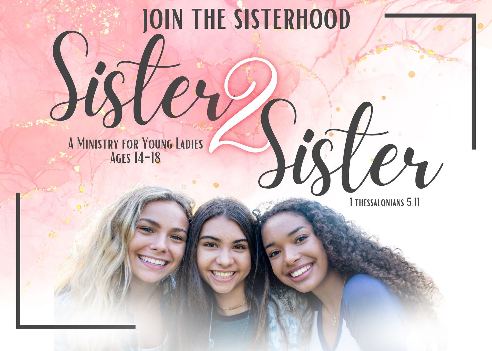 “Join the Sisterhood” poster with three smiling women on a pink, white, and gold background.