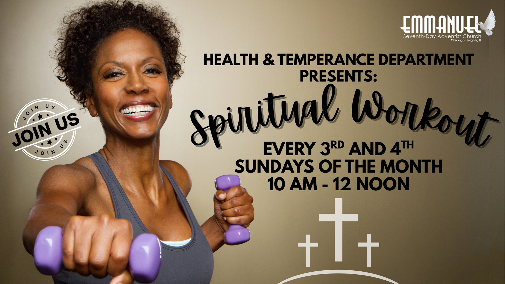 Woman holding purple dumbbells in a fitness flyer for “Spiritual Fit” on Sundays, 10 AM–12 noon.