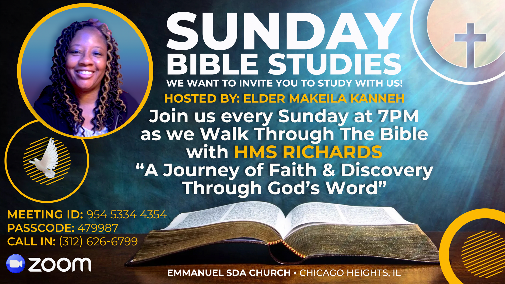 Sunday Bible Studies poster with a smiling speaker, gold cross, Bible on beach, and meeting details via Zoom and phone.